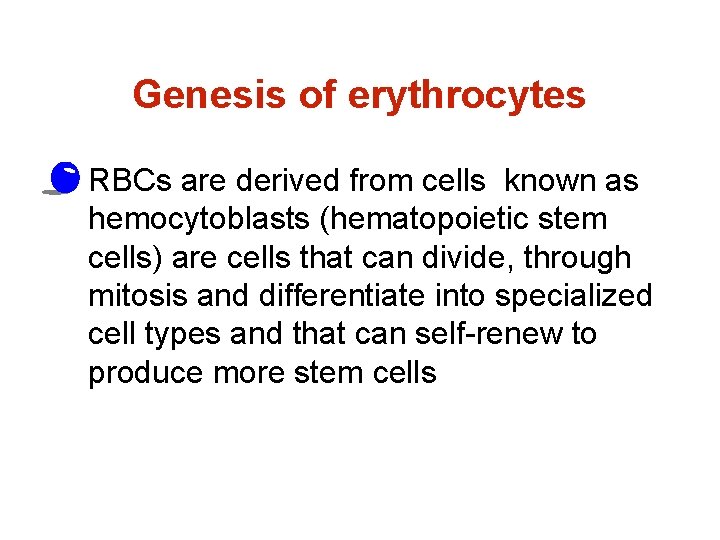 Genesis of erythrocytes • RBCs are derived from cells known as hemocytoblasts (hematopoietic stem