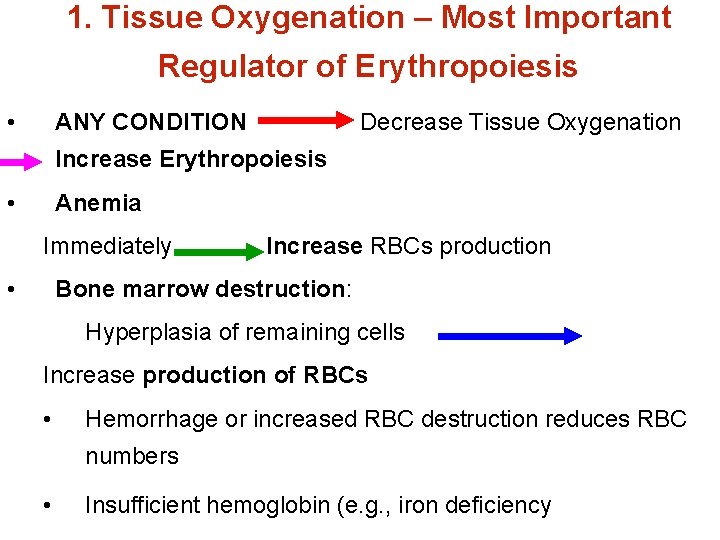 1. Tissue Oxygenation – Most Important Regulator of Erythropoiesis • ANY CONDITION Decrease Tissue