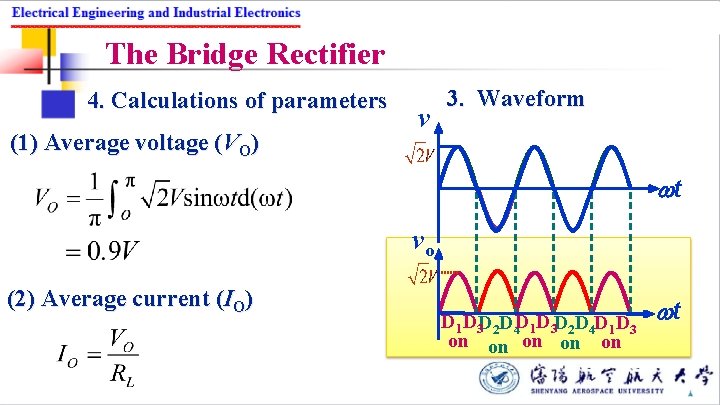 The Bridge Rectifier 4. Calculations of parameters (1) Average voltage (VO) v 3. Waveform