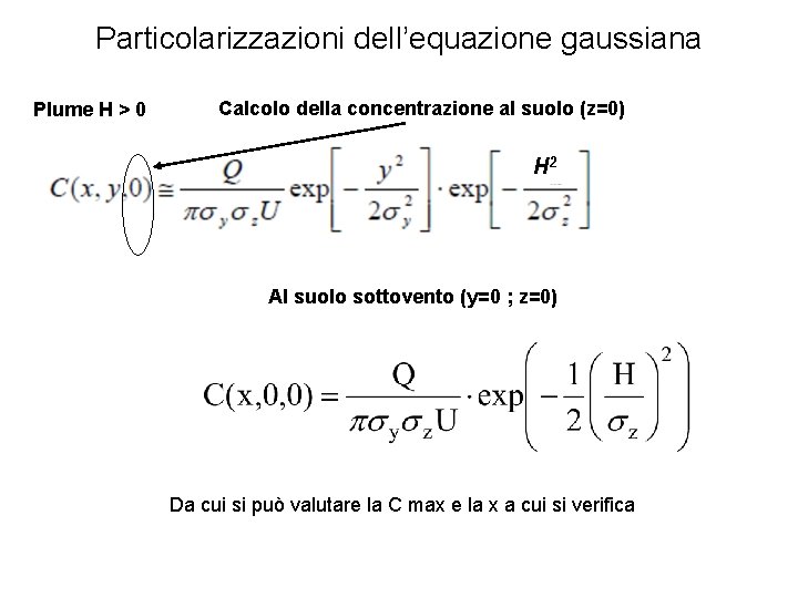 Particolarizzazioni dell’equazione gaussiana Plume H > 0 Calcolo della concentrazione al suolo (z=0) H