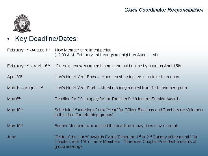 Class Coordinator Responsibilities • Key Deadline/Dates: February 1 st -August 1 st New Member
