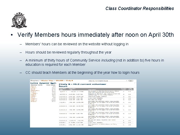 Class Coordinator Responsibilities • Verify Members hours immediately after noon on April 30 th