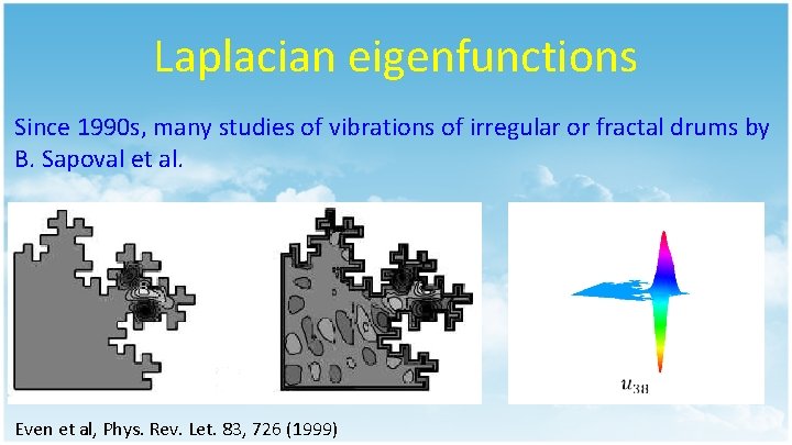 Laplacian eigenfunctions Since 1990 s, many studies of vibrations of irregular or fractal drums