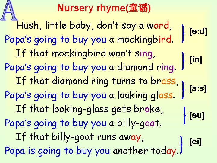 Nursery rhyme(童谣) Hush, little baby, don’t say a word, Papa’s going to buy you