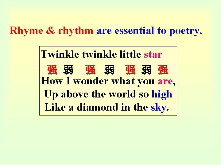 Rhyme & rhythm are essential to poetry. Twinkle twinkle little star 强 弱　强 弱