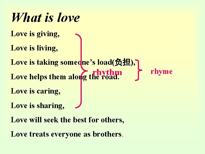 What is love Love is giving, Love is living, Love is taking someone’s load(负担),
