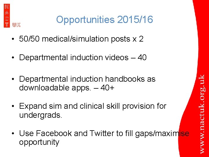 Opportunities 2015/16 • 50/50 medical/simulation posts x 2 • Departmental induction videos – 40