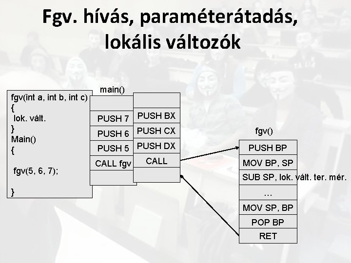 Fgv. hívás, paraméterátadás, lokális változók fgv(int a, int b, int c) { lok. vált.