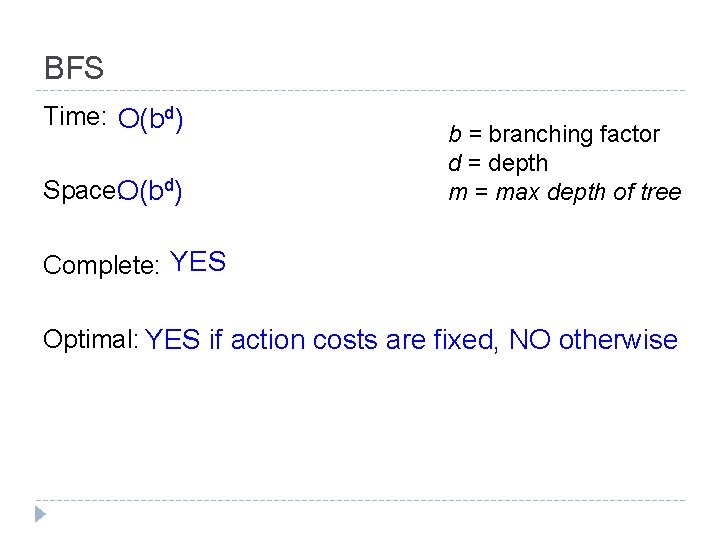 BFS Time: O(bd) Space: O(bd) b = branching factor d = depth m =