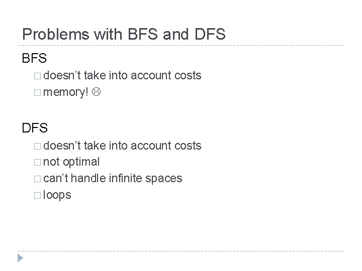 Problems with BFS and DFS BFS � doesn’t take into account costs � memory!