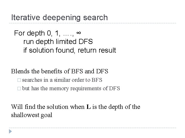 Iterative deepening search For depth 0, 1, …. , ∞ run depth limited DFS