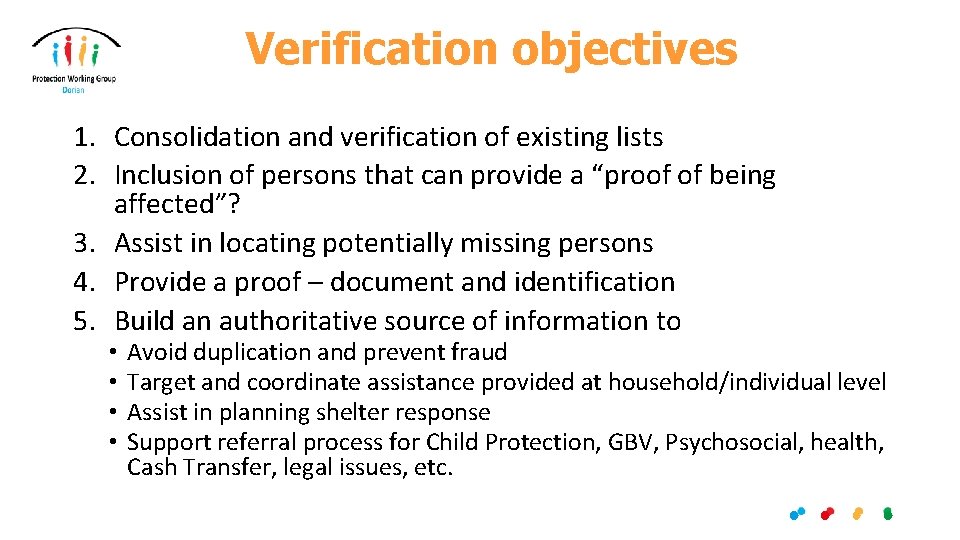 Verification objectives 1. Consolidation and verification of existing lists 2. Inclusion of persons that