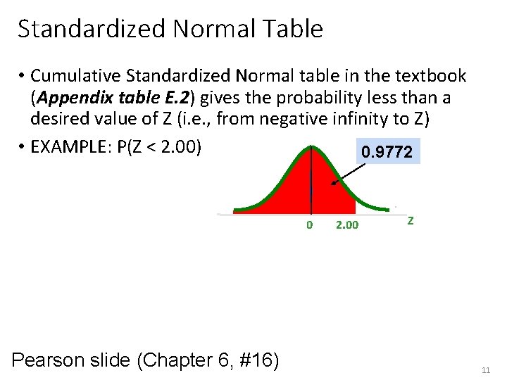 Standardized Normal Table • Cumulative Standardized Normal table in the textbook (Appendix table E.