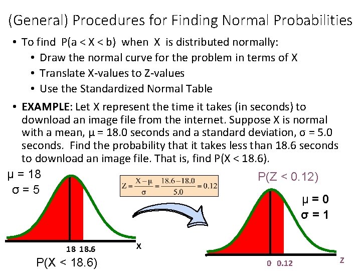 (General) Procedures for Finding Normal Probabilities • To find P(a < X < b)