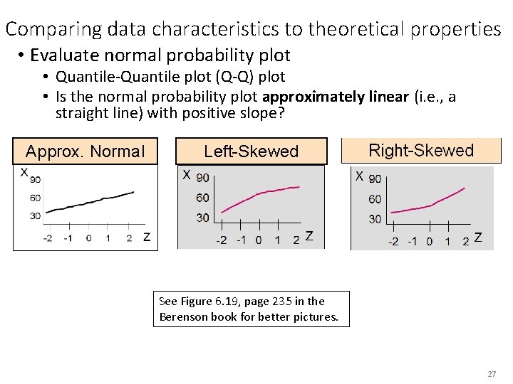 Comparing data characteristics to theoretical properties • Evaluate normal probability plot • Quantile-Quantile plot