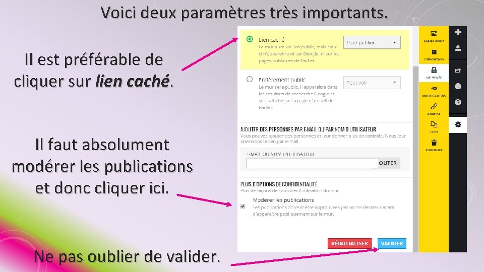 Voici deux paramètres très importants. Il est préférable de cliquer sur lien caché. Il