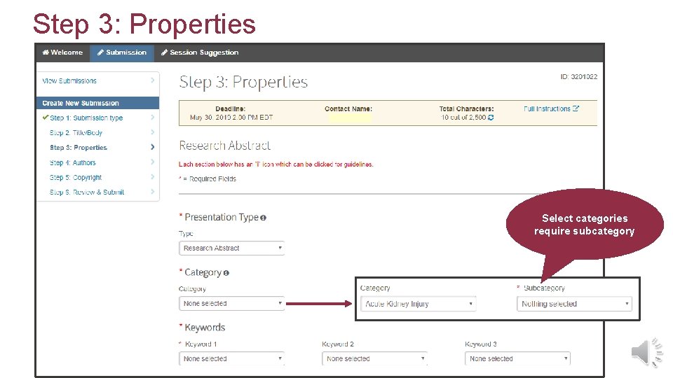 Step 3: Properties Select categories require subcategory 