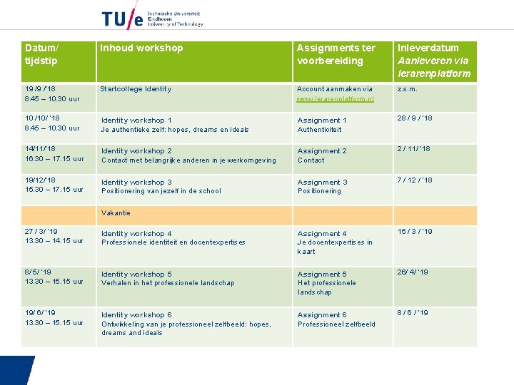 Datum/ tijdstip Inhoud workshop Assignments ter voorbereiding Inleverdatum Aanleveren via lerarenplatform 19 /9 /‘