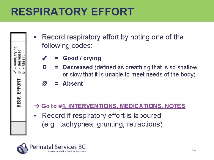 RESPIRATORY EFFORT • Record respiratory effort by noting one of the following codes: ✓