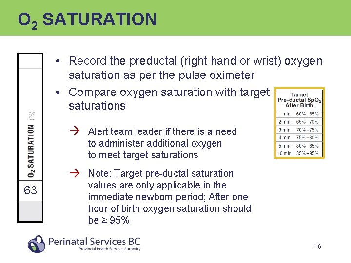 O 2 SATURATION • Record the preductal (right hand or wrist) oxygen saturation as