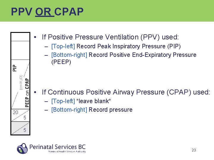 PPV OR CPAP • If Positive Pressure Ventilation (PPV) used: – [Top-left] Record Peak