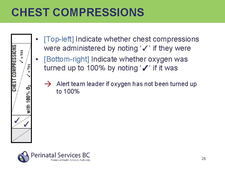 CHEST COMPRESSIONS • [Top-left] Indicate whether chest compressions were administered by noting ‘✓’ if