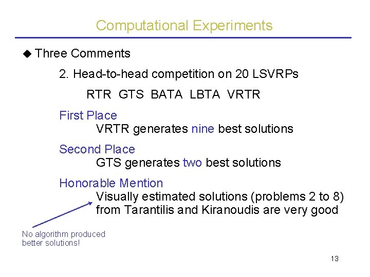 Computational Experiments Three Comments 2. Head-to-head competition on 20 LSVRPs RTR GTS BATA LBTA