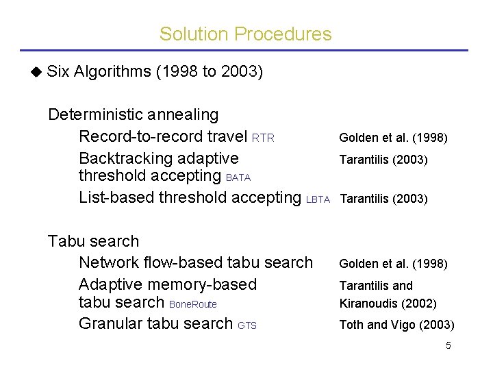 Solution Procedures Six Algorithms (1998 to 2003) Deterministic annealing Record-to-record travel RTR Backtracking adaptive