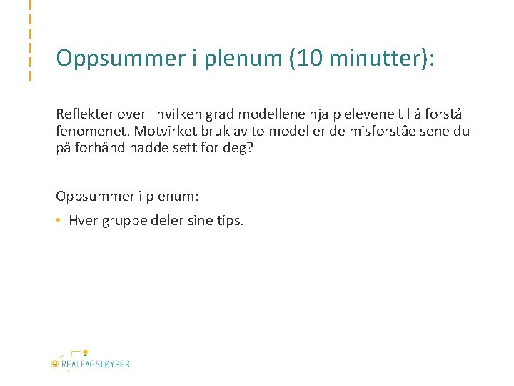 Oppsummer i plenum (10 minutter): Reflekter over i hvilken grad modellene hjalp elevene til