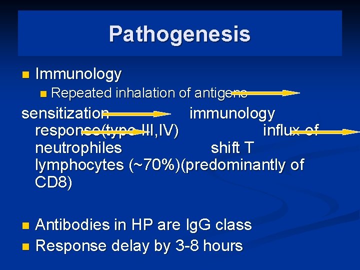 Pathogenesis n Immunology n Repeated inhalation of antigens sensitization immunology response(type III, IV) influx