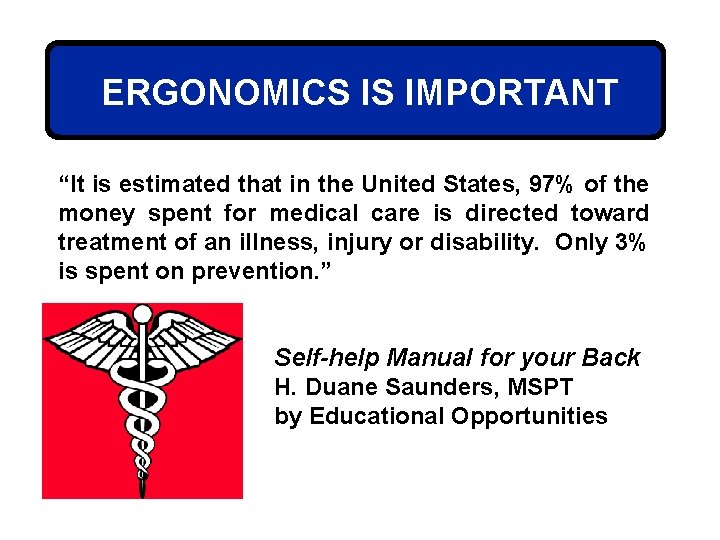 ERGONOMICS IS IMPORTANT “It is estimated that in the United States, 97% of the