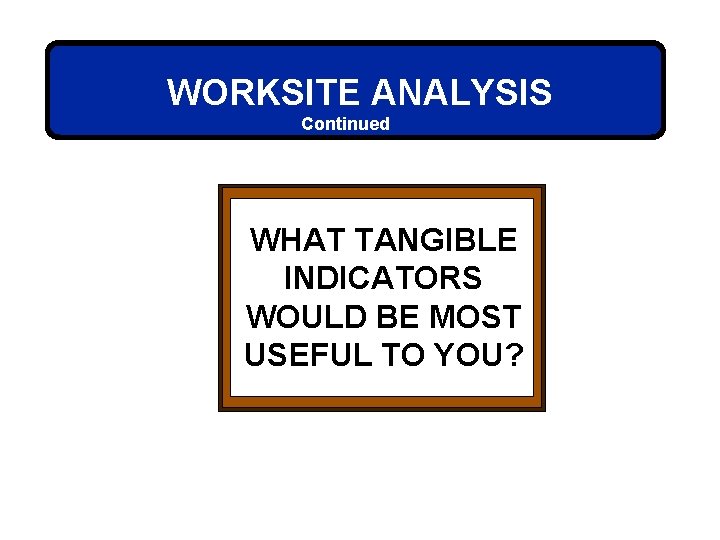 WORKSITE ANALYSIS Continued WHAT TANGIBLE INDICATORS WOULD BE MOST USEFUL TO YOU? 