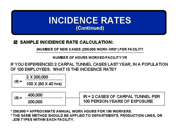 INCIDENCE RATES (Continued) SAMPLE INCIDENCE RATE CALCULATION: (NUMBER OF NEW CASES (200, 000 WORK