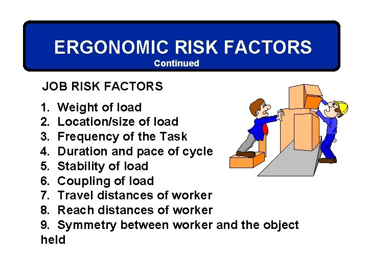 ERGONOMIC RISK FACTORS Continued JOB RISK FACTORS 1. Weight of load 2. Location/size of