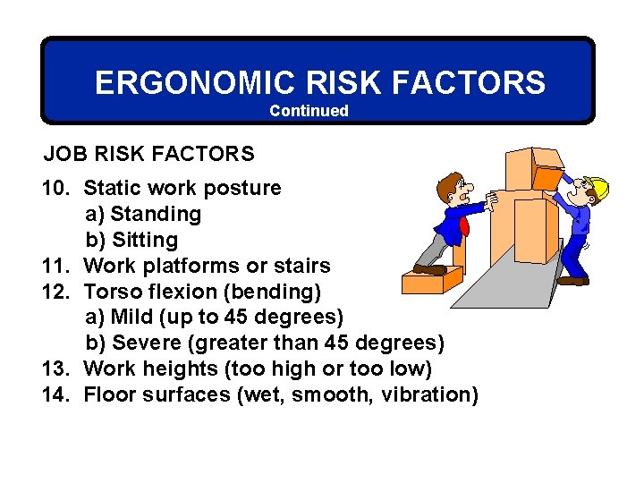 ERGONOMIC RISK FACTORS Continued JOB RISK FACTORS 10. Static work posture a) Standing b)