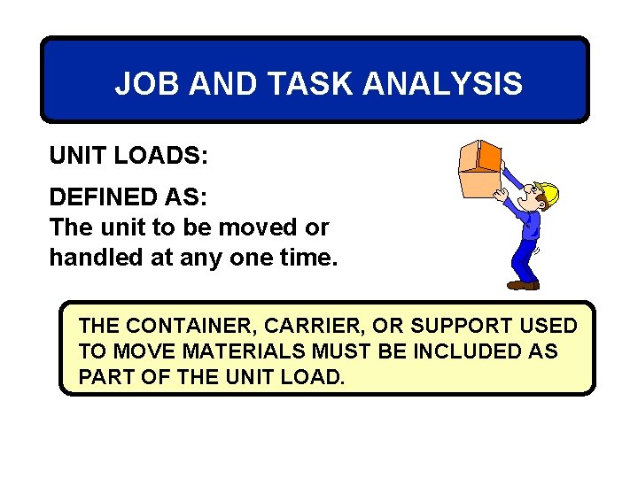 JOB AND TASK ANALYSIS UNIT LOADS: DEFINED AS: The unit to be moved or
