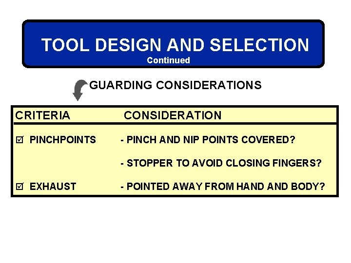 TOOL DESIGN AND SELECTION Continued GUARDING CONSIDERATIONS CRITERIA þ PINCHPOINTS CONSIDERATION - PINCH AND