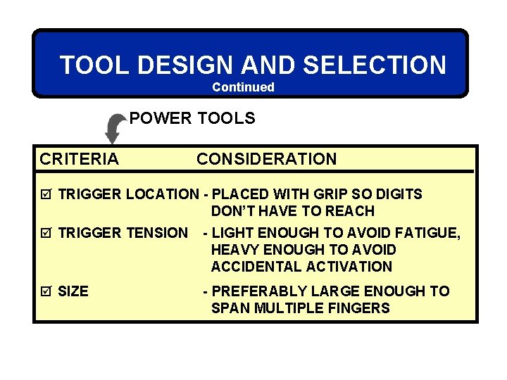 TOOL DESIGN AND SELECTION Continued POWER TOOLS CRITERIA CONSIDERATION þ TRIGGER LOCATION - PLACED