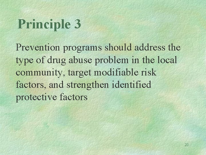 Principle 3 Prevention programs should address the type of drug abuse problem in the