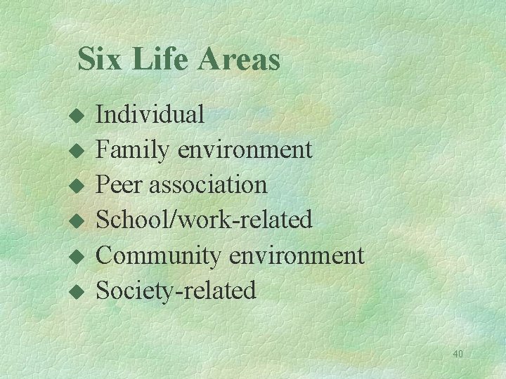 Six Life Areas u u u Individual Family environment Peer association School/work-related Community environment