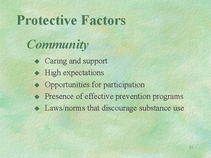 Protective Factors Community u u u Caring and support High expectations Opportunities for participation
