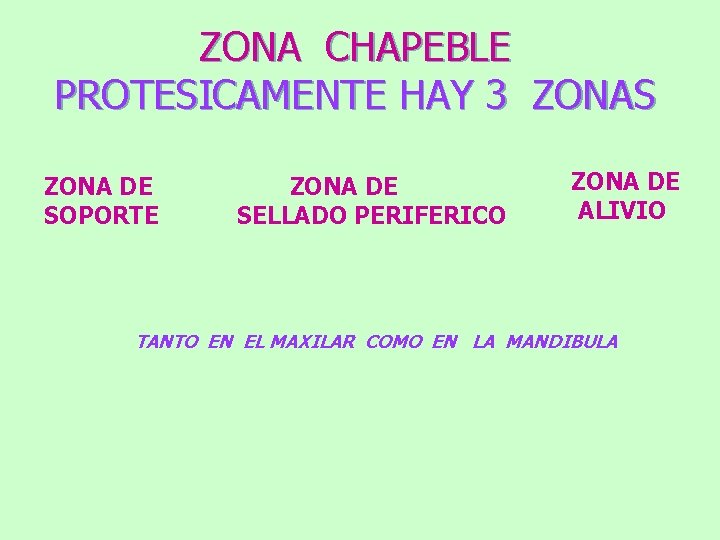 ZONA CHAPEBLE PROTESICAMENTE HAY 3 ZONAS ZONA DE SOPORTE ZONA DE SELLADO PERIFERICO ZONA