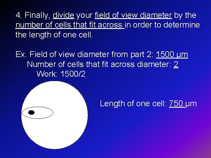 4. Finally, divide your field of view diameter by the number of cells that 4. Finally, divide your field of view diameter by the number of cells that