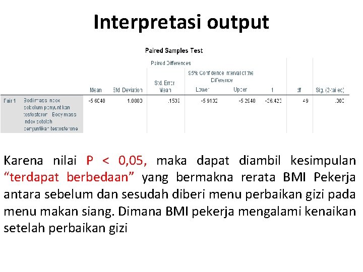 Interpretasi output Karena nilai P < 0, 05, maka dapat diambil kesimpulan “terdapat berbedaan”