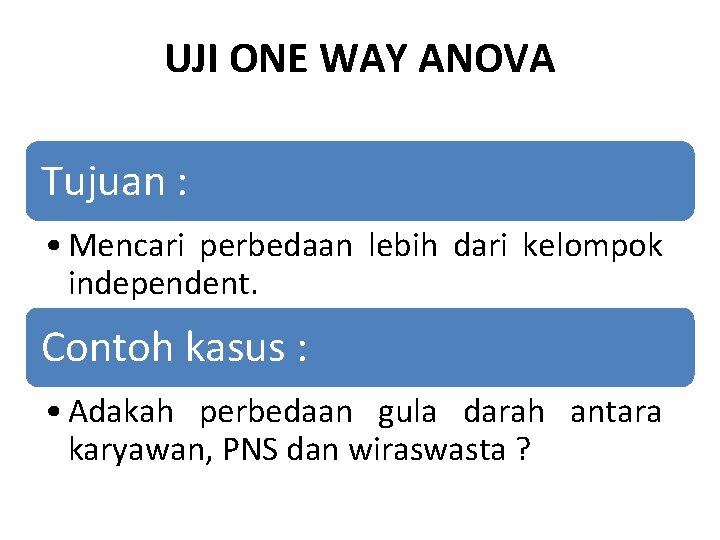 UJI ONE WAY ANOVA Tujuan : • Mencari perbedaan lebih dari kelompok independent. Contoh