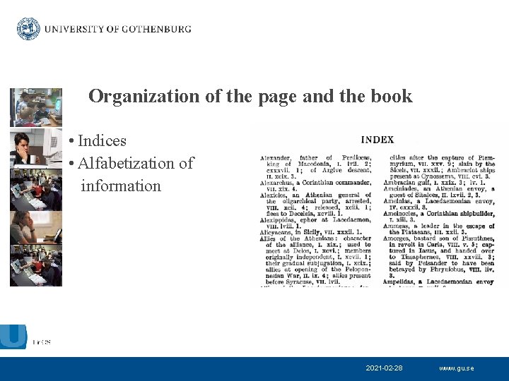 Organization of the page and the book • Indices • Alfabetization of information 2021
