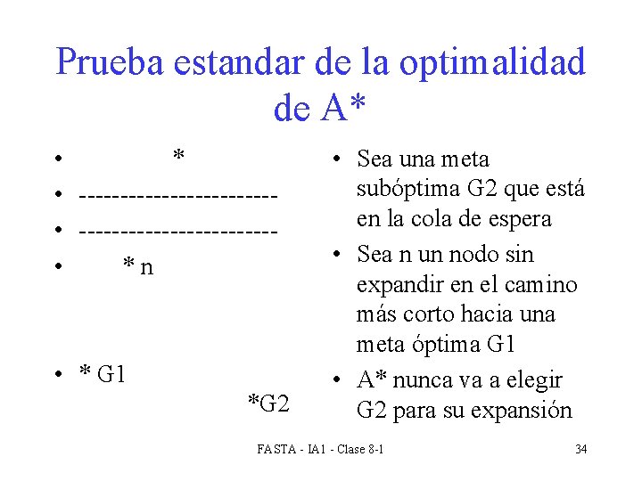 Prueba estandar de la optimalidad de A* • ----------------------- • *n • * G