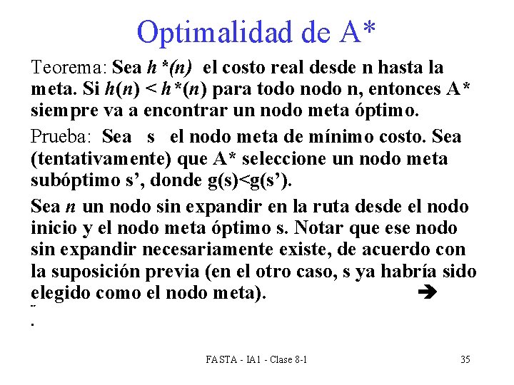 Optimalidad de A* Teorema: Sea h*(n) el costo real desde n hasta la meta.