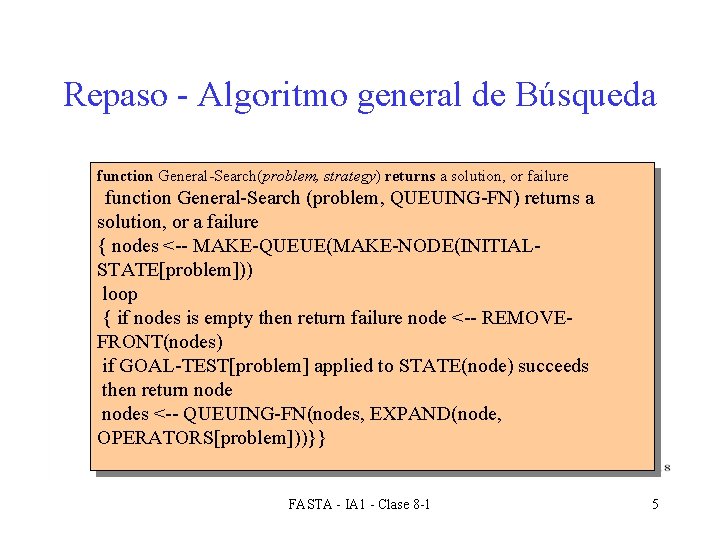 Repaso - Algoritmo general de Búsqueda function General-Search(problem, strategy) returns a solution, or failure
