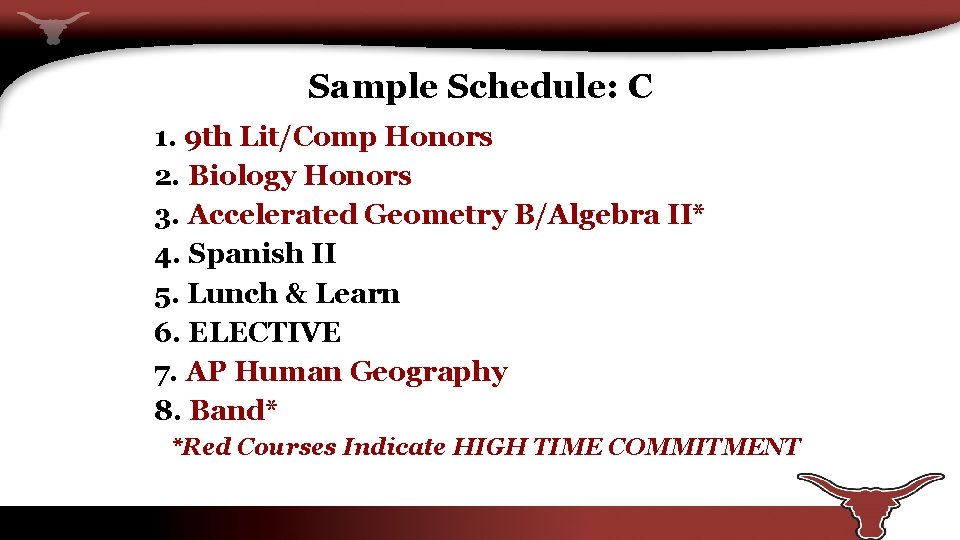 Sample Schedule: C 1. 9 th Lit/Comp Honors 2. Biology Honors 3. Accelerated Geometry